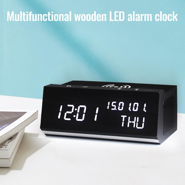 Monitoiminen Bluetooth-audio, langaton lataus, 2-in-1 herätyskello luova lahja, LED-elektroninen kello, puinen kello A