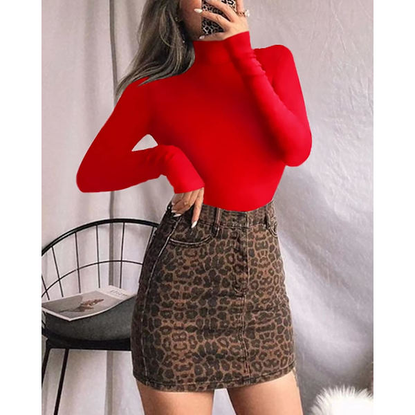 Dame Mock Turtle Neck Langærmet Toppe Bodysuit Jumpsuit Long Sleeve Red X-Large