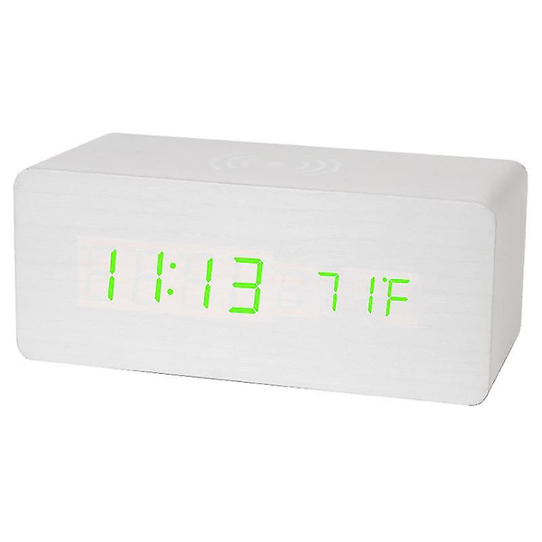 Trä Digital Väckarklocka Fm Radio,10w Snabb Trådlös Laddningsstation För Iphone/Samsung Galaxy,5 Level Dimmer, USB Laddningsport,2 Wake Up Sounds,bedr Green White