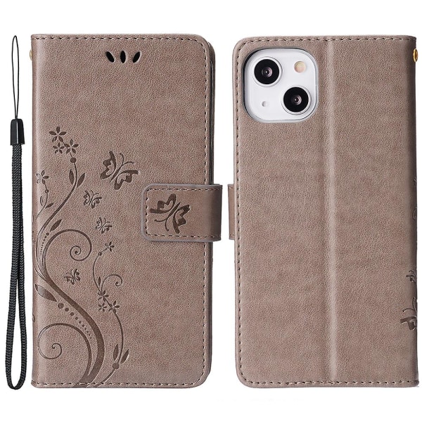 För Iphone 15 Plus Pu Läder Cover Phone case Imprinted Butterflies Shell Stand with rem Grey