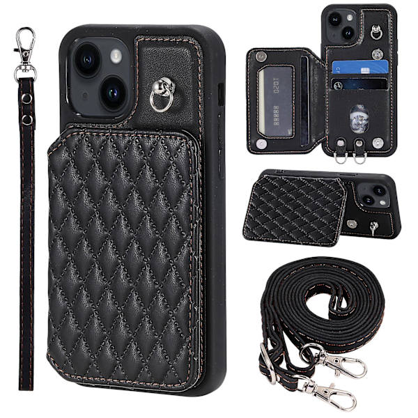 För Iphone 15 Plus Rfid Blockering Stötsäkert case Anti-drop Pu+tpu telefonskal med remmar Black