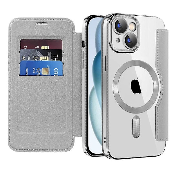 För iPhone 15 Skal RFID-blockerande Kortfack PU Läder Telefonskal Kompatibelt med MagSafe