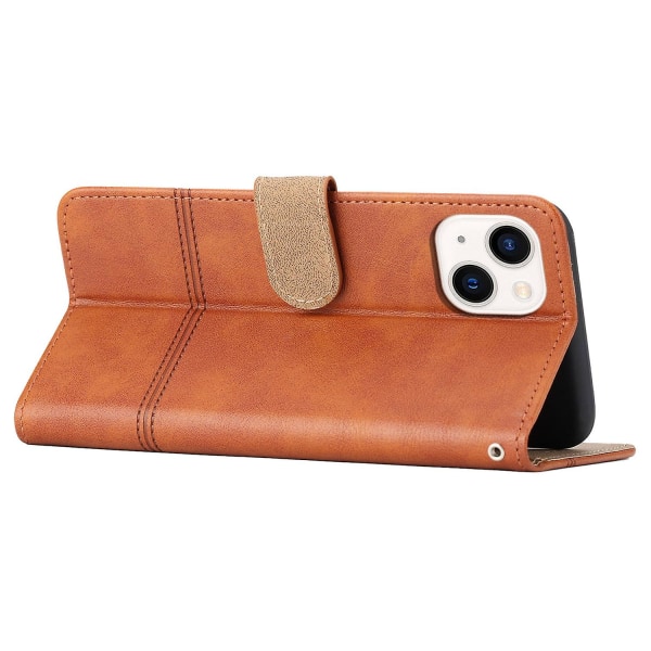 Læder Wallet Case til iPhone 15, Linje Præget Ko Læder Tekstur Stand Telefon Cover Brown