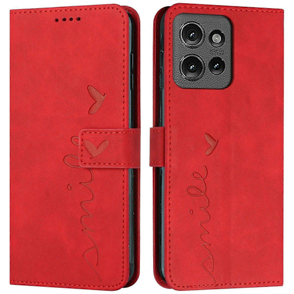 Til Motorola Moto G 5G (2025) Etui Visningsstativ PU Læder Telefon Cover Præget Hjerte Mønster Multicolor Red
