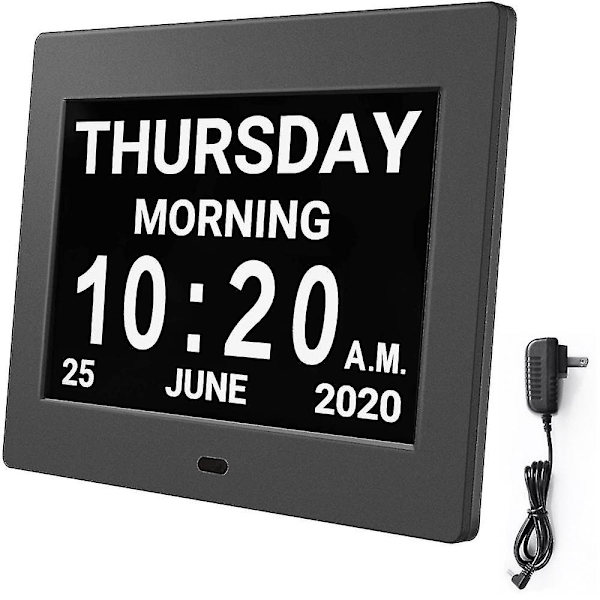 Digital kalenderväckare Dagklocka med 8" stor skärm, Am Pm, 5 väckarklockor, demensklockor Led elektronisk skrivbordskalender Äldre väckarklocka Perpet Black