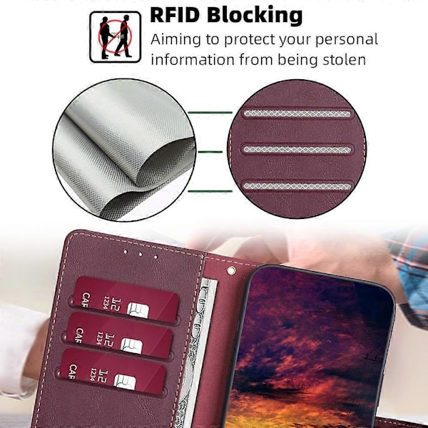 Vivo Y29s 5G / Y04 4G -kotelo, nahkainen puhelinkotelo RFID-suojatulla lompakolla Multicolor Wine Red