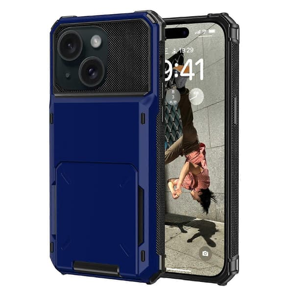 For iPhone 15 TPU+PC Støtsikkert Telefondeksel Flip Kort Holder Bakdeksel Multicolor Style E