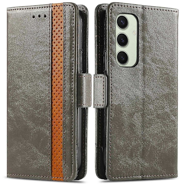 CASENEO 002 -sarja Samsung Galaxy S24 FE -kotelolle, jalustallinen lompakkokotelo, yhdistetty PU-nahkakansi - Tummanruskea Multicolor Grey
