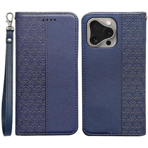 Til iPhone 16 Pro Max Wallet Telefon Cover Stærk Magnetisk Ternet Mønster Præget Læder Flip Cover Multicolor Blue