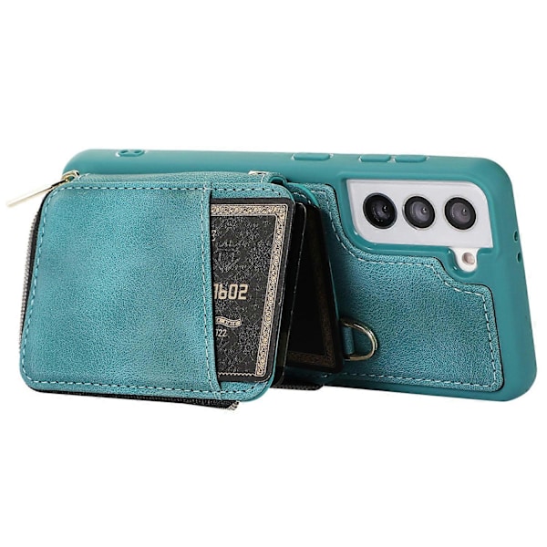 Wallet Telefon Cover til Samsung Galaxy S22 5G, Lynlås Design Cover Støtteben PU Læder+TPU Skal Multicolor Style C