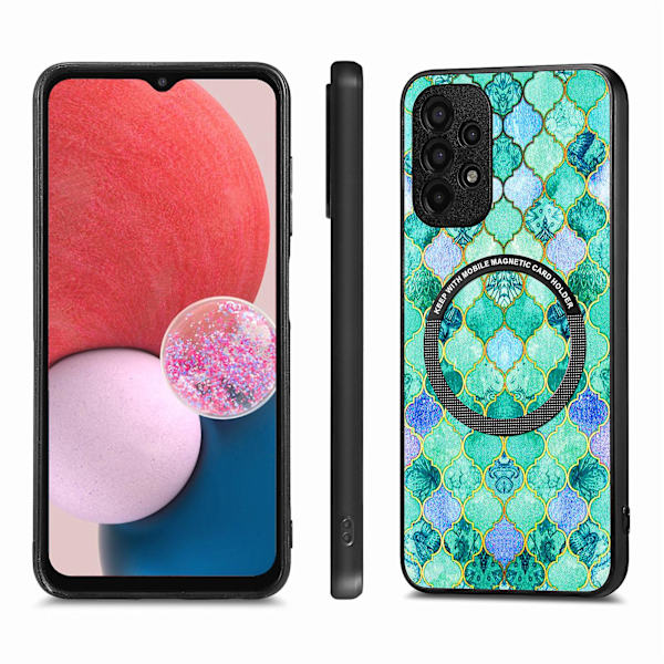 Mönstertryckt phone case för Samsung Galaxy A13 4g, Pu-läderbelagd PC+tpu cover med metallring Emerald