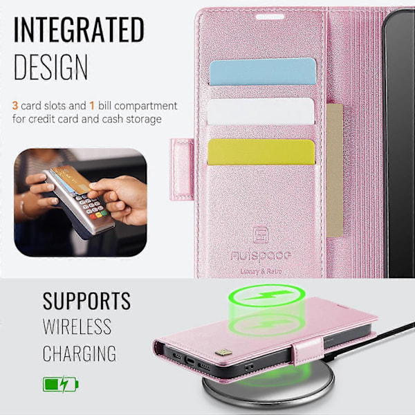 iPhone 13 Pro Max 6,7 tuuman kotelolle AUTSPACE A11 RFID-suojattu retro nahkainen matkapuhelinlompakkokotelo Multicolor Pink