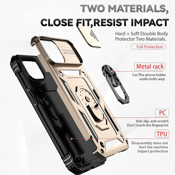 Skal med skjutbart kameraskydd för iPhone 15 Plus Fodral Metallring Ställ PC+TPU Skydd Multicolor Style E