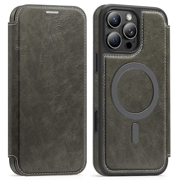 iPhone 16 Pro -nahkakotelo, yhteensopiva MagSafe-latauksen kanssa, RFID-suojattu korttipidike Multicolor Titanium Grey