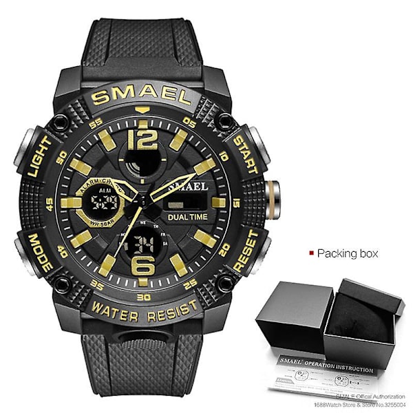Smael Dual Time Led Display Digital watch För män Vattentät Simning Quartz Sportklockor Auto Date Alarm Clock Armbandsur 8039 Black gold-Box