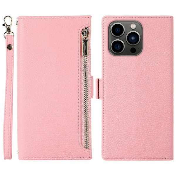 For iPhone 15 Pro Max Deksel Litchi Tekstur Glidelåslomme Lærdeksel med Stropp Multicolor Style C