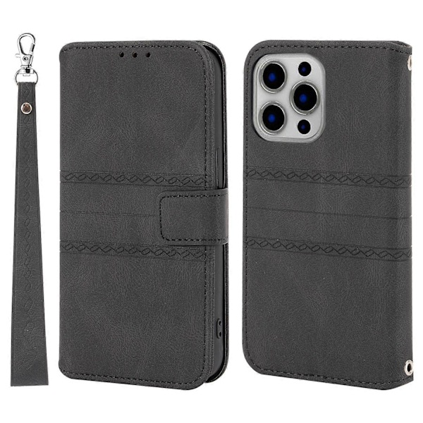 För iPhone 15 Pro Max Skal Präglat Läder Ställ Stöttåligt Telefonskal med Rem Multicolor Style C