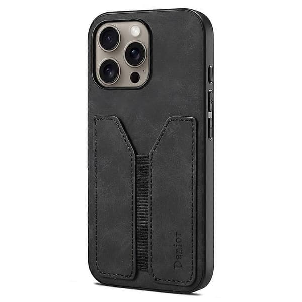DENIOR Deksel til iPhone 16 Pro Max Elastisk Kortholder PU Lær+TPU+PC Telefondeksel- Multicolor Black