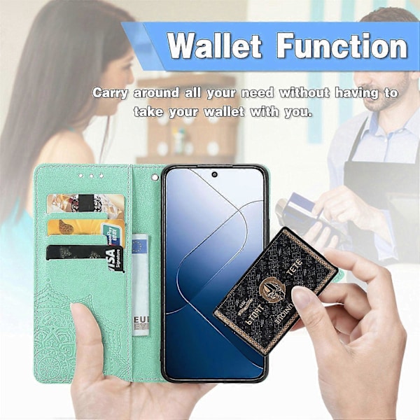 Til Xiaomi 14T Pro Etui Mandala Præget Design Læder Wallet Telefon Cover - Grå Multicolor Green