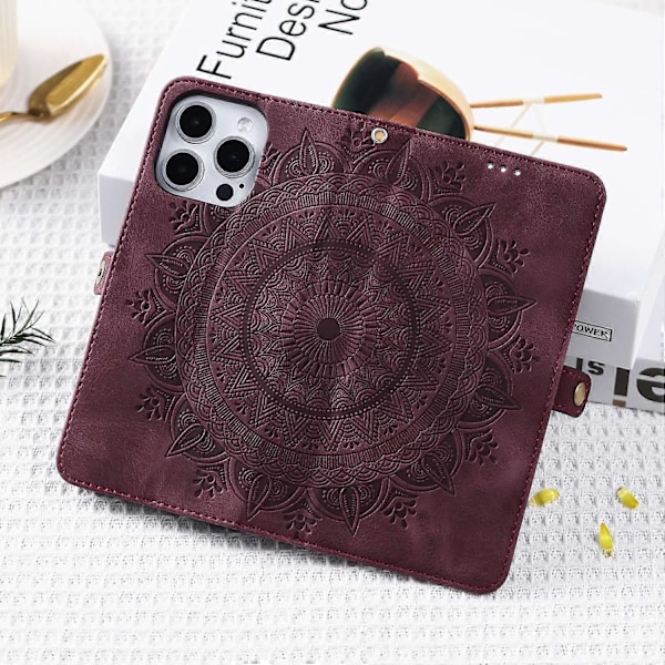 Stil 016 För iPhone 14 Pro Skal Hudkänsla Totem Präglat Plånbok Läder Telefonskal - Svart Multicolor Wine Red