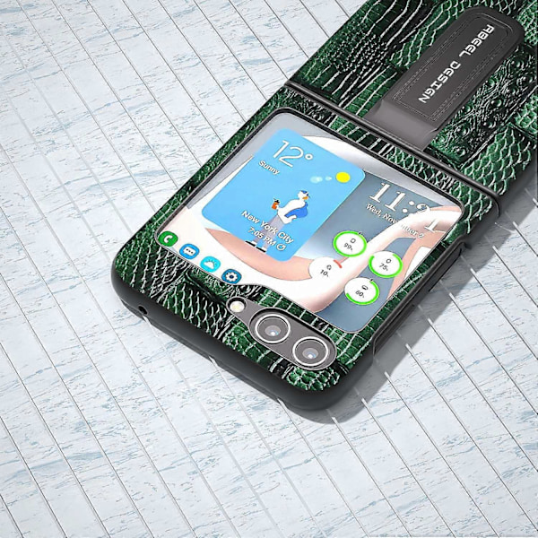 Samsung Galaxy Z Flip5 5G Mahjong -kuvioinen jalustakotelo aitoa lehmännahkaa + PC-puhelinkotelo Multicolor Style C
