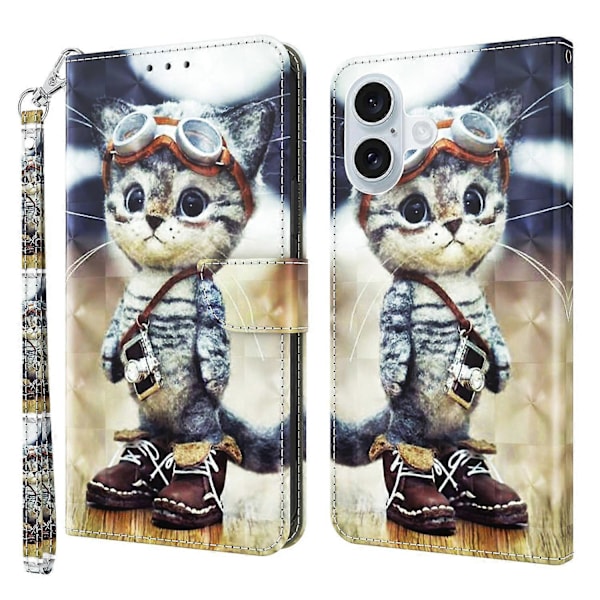 Skal till iPhone 16 Plus med Ställ, Mönstertryck, Läderfodral - Multicolor Standing Cat