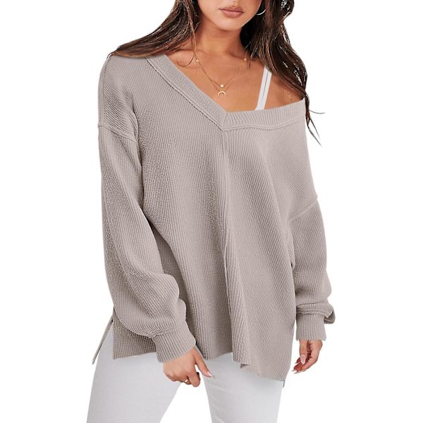 Dam långärmad skjorta V-ringad off-shulder Oversized stickad tröja lös hög låg höst tunika toppar Grey Apricot X-Large
