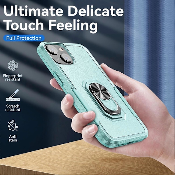 iPhone 15 PC+TPU Iskunkestävä Suojakuori Pudotussuojaava Puhelinkotelo Sormuksella ja Jalustalla Multicolor Style G
