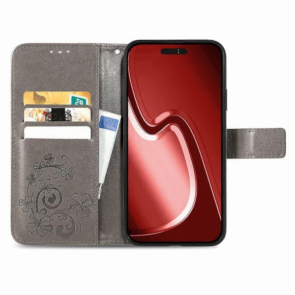 Läderfodral till iPhone 16 Pro Fyrklöver Plånboksfodral Multicolor Grey