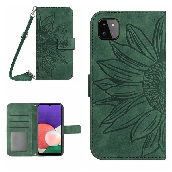 Til Samsung Galaxy A22 5g (EU Version) Ht04 Præget Solsikke Pu Læder Smartphone Cover Stativ Stødsikker Hud-venlig Telefon Wallet Etui Med Skulderrem Dark Green