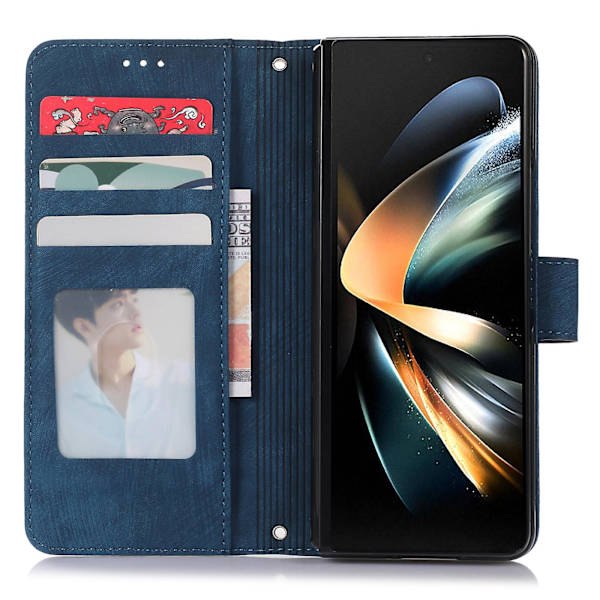 Samsung Galaxy Z Fold5 5G PU-nahka+PC Lompakkokotelo Jalustalla, Pehmeä Suojakuori Blue