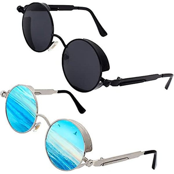 Retro Runde Cirkel Polariserede Steampunk Solbriller Herre Dame Uv400 beskyttelse Black and blue