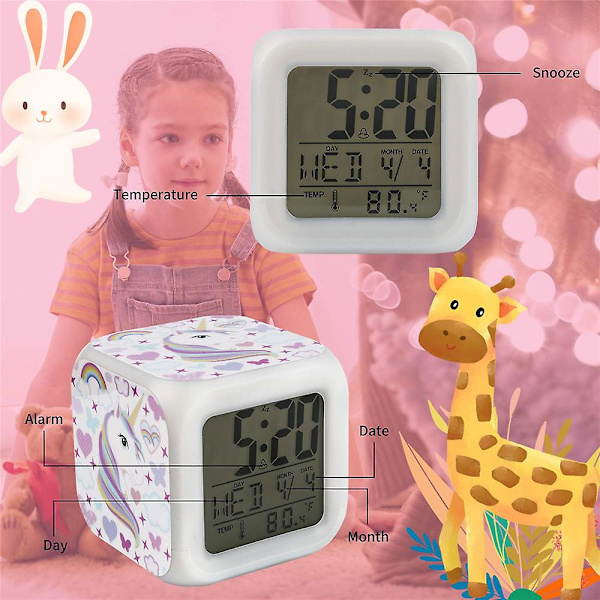 Unicorn Nattljus Barn Flickor Väckarklockor 7 Färger Led Glödande Vakna Sängklocka Födelsedagspresent