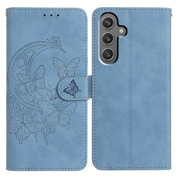 Til Samsung Galaxy A36 5G Etui Sommerfugl Blomst Præget PU Læder Pung Stativ Telefon Cover Multicolor Sky Blue