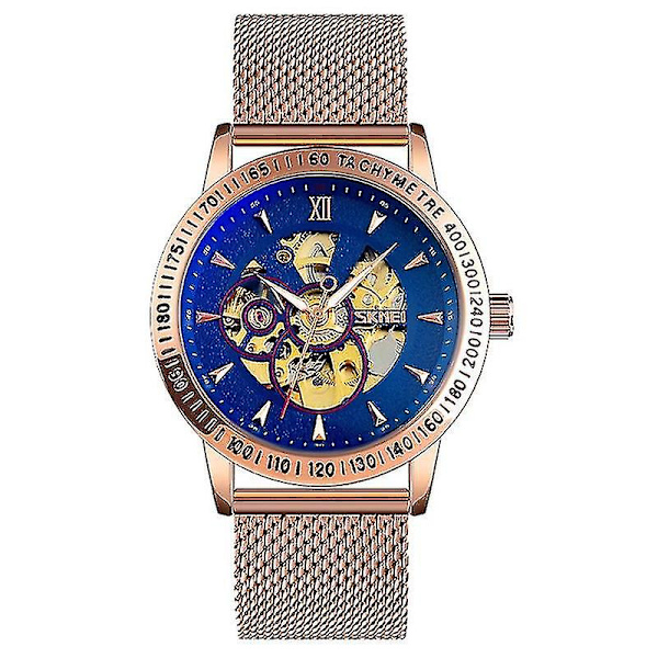 Skmei 9216 Men Sketon Automatic Mechanical Watch Rose Gold Shell Blue Noodle