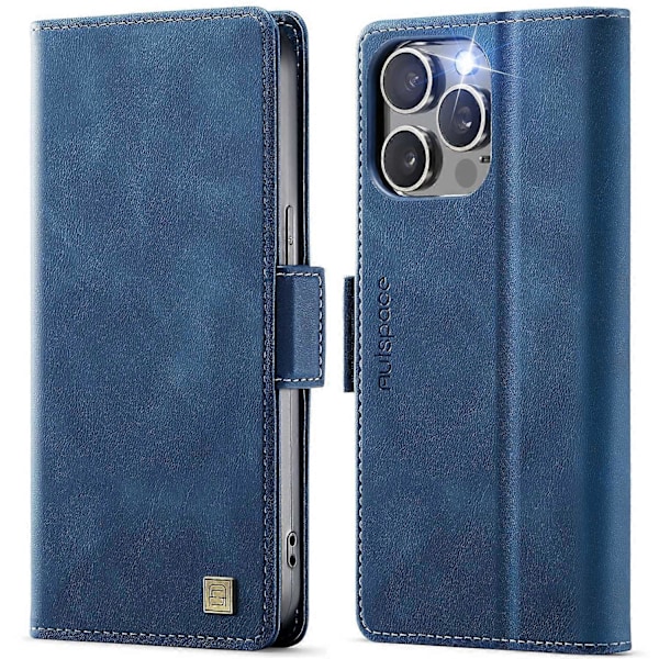 iPhone 14 Pro Max -kotelo AUTSPACE A11 RFID-suojattu retro nahkainen puhelinlompakkokotelo - Musta Multicolor Blue