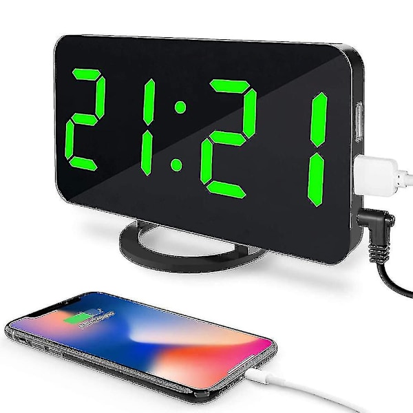 Digitalt Vækkeur, Stort LED-display med Dobbelt USB-opladerporte Green light
