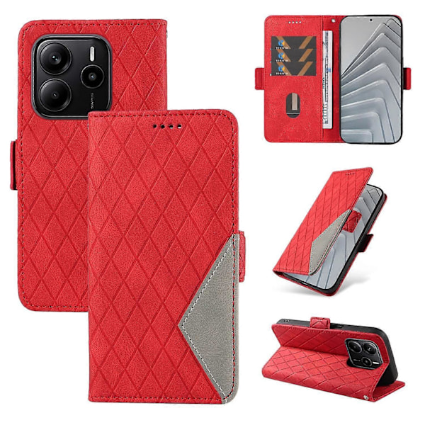 Flipfodral med rombmönster i PU-läder för Xiaomi Redmi Note 14 4G (164.84x78.15x8.16mm) Multicolor Red