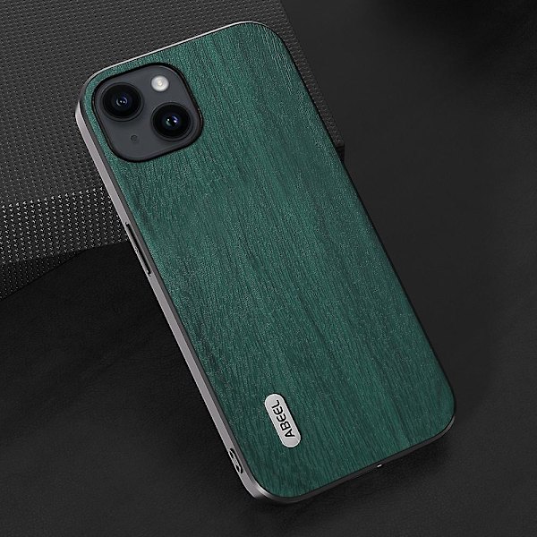 Phone case för Iphone 15 Plus, Wood Texture Pu-läderbelagd Pc+tpu cover Green