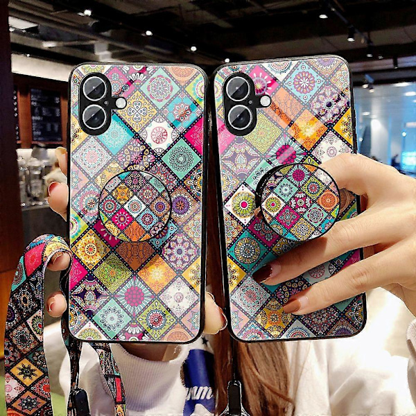 Skal till iPhone 16 Plus med Stöd Etniskt Mönster Härdat Glas Telefonskydd med Rem Multicolor Checkered Pattern