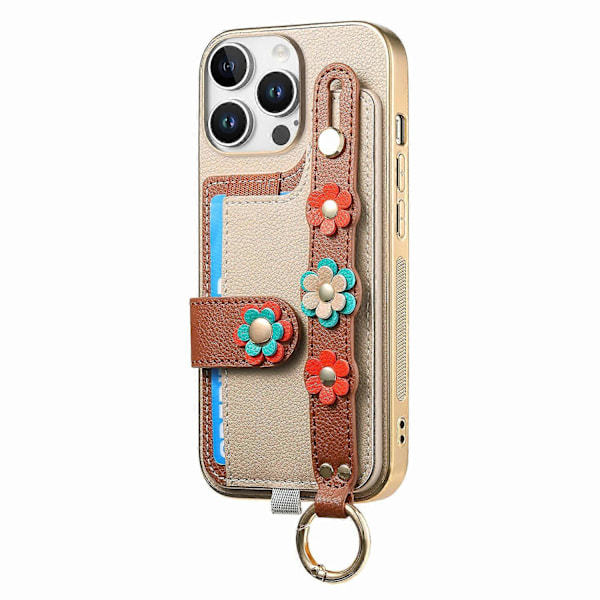 W2 iPhone 16 Pro -kotelo korttipidikkeellä, nahkainen takakansi, 3D-kukka rannekoru - Vihreä Multicolor Khaki