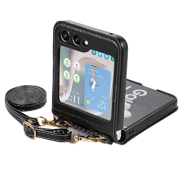 För Samsung Galaxy Z Flip5 5G PU Läder PC Telefonfodral Skyddande Skal med Axelrem Multicolor Style D