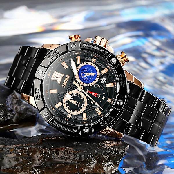 Skmei 9235 Men Moonphase Stoppur Quartz Watch Black Black
