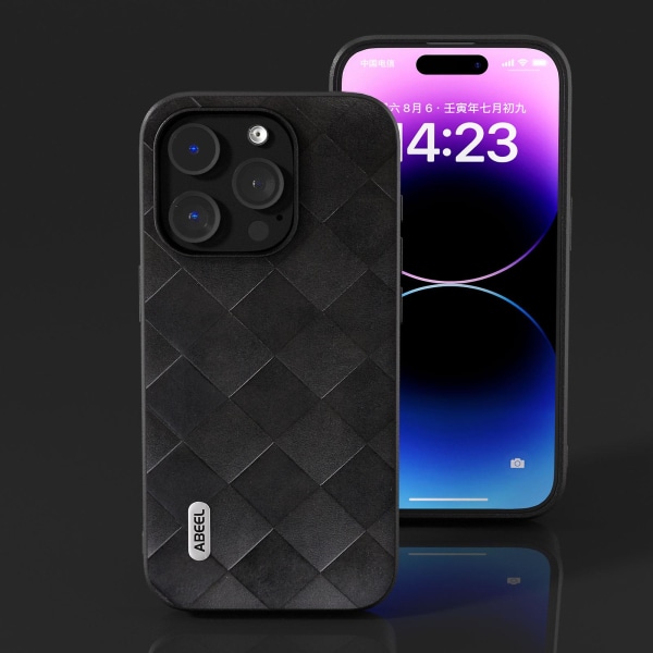 För Iphone 15 Pro Pu Läderbelagd Pc+tpu Phone case Grid Texture Drop-proof Cover Black