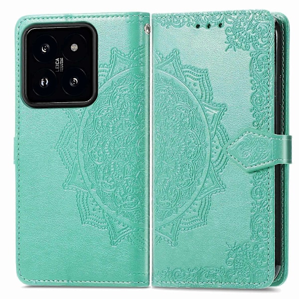 Til Xiaomi 14T Pro Etui Mandala Præget Design Læder Wallet Telefon Cover - Grå Multicolor Green