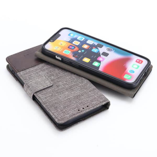 För Iphone 15 Pro Canvas Pu Läder Case Stativ Plånbok Cover Brown