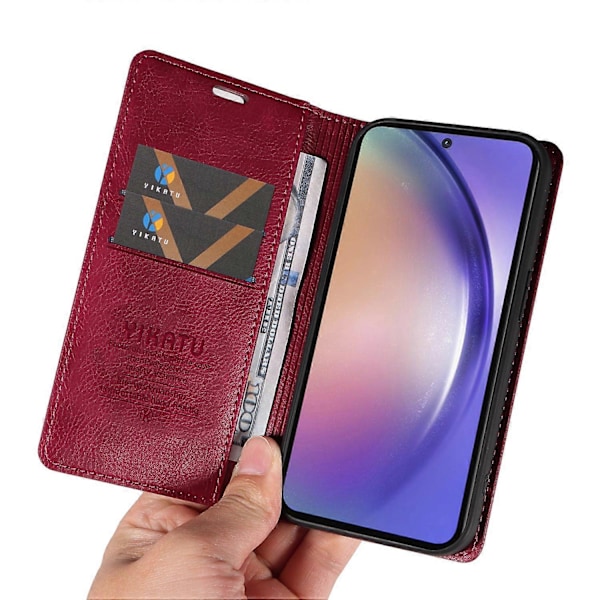 YIKATU YK-006 Deksel til Samsung Galaxy A55 5G Magnetisk Lukking PU Lær+TPU Lommebok Stativ Deksel Multicolor Wine Red