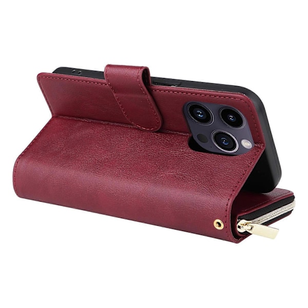 Til iPhone 15 Pro Max Telefon Stand Case Shell Lynlåslomme TPU+PU Læder Kort Slots Pung Multicolor Wine Red