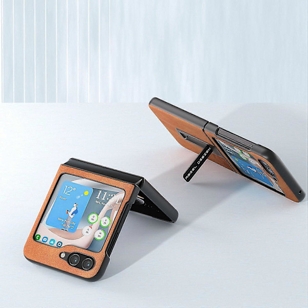 För Samsung Galaxy Z Flip5 5G Mobilskal med Kohudstruktur PU Läderbelagd PC Ställ Multicolor Style A