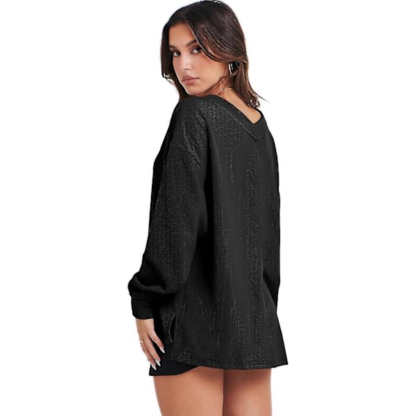 Dam långärmad skjorta V-ringad off-shulder Oversized stickad tröja lös hög låg höst tunika toppar Black Large